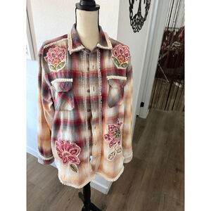 Upcycled Tie-Dye Red Flannel Shirt Button Down with Floral Appliqués